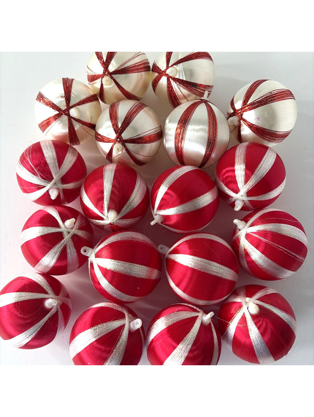 Vintage Satin Thread Wrapped Christmas Ball Ornaments Lot of 18 Red White Sheen